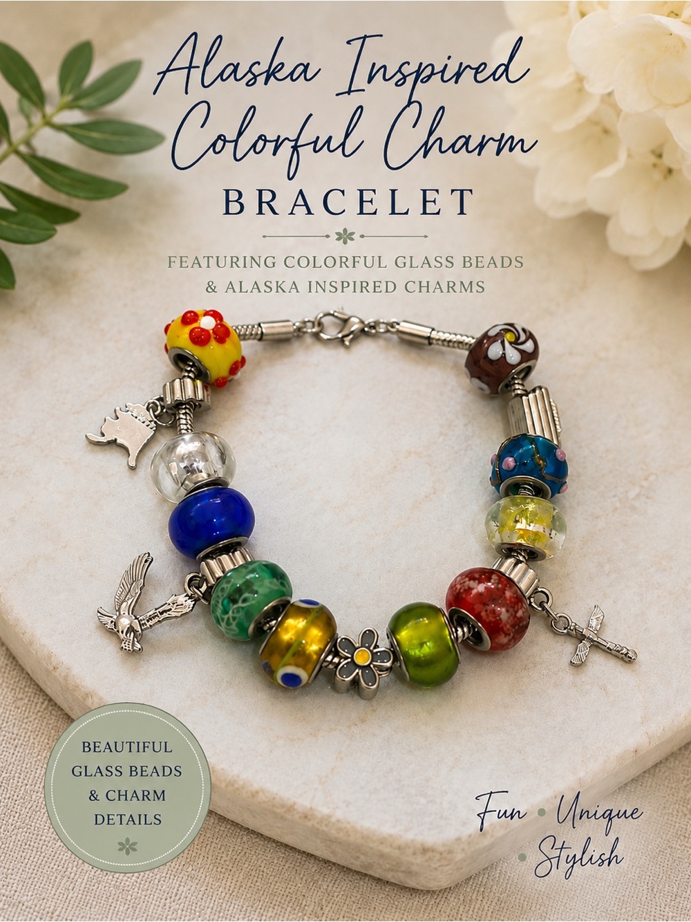 Charm Bracelet | Colorful Glass Beads | Alaska Inspired Charms